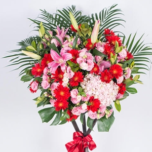 大展宏图繁花系列花篮（不少于1个绣球花，3个粉色百合搭配红粉色系玫瑰/桔梗和扶朗）